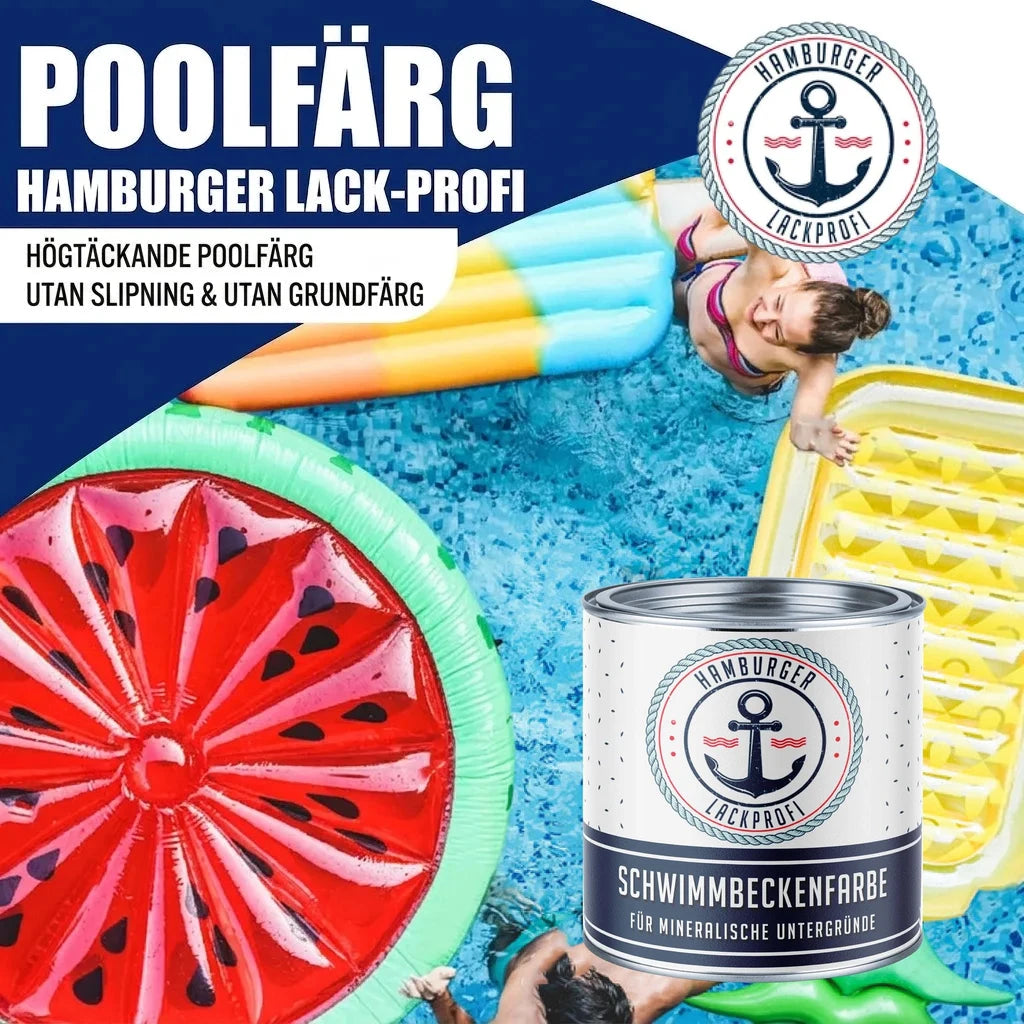 Poolfärg från Hamburger Lack-Profi. Kvinna i pool med badmadrasser. Burk med "SCHWIMMBECKENFARBE".
