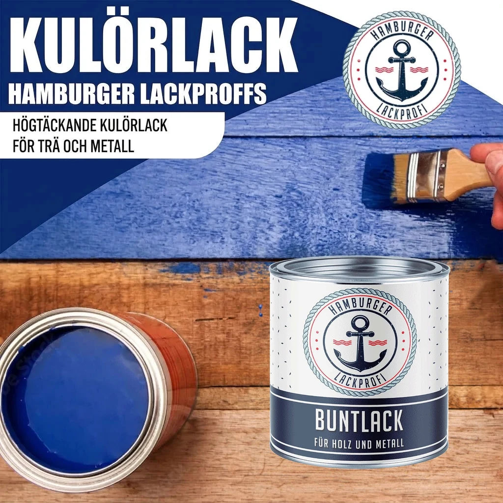 Blå "KULÖRLACK" från Hamburger Lackproffs. En burk "BUNTLACK" och en öppen burk med blå färg.