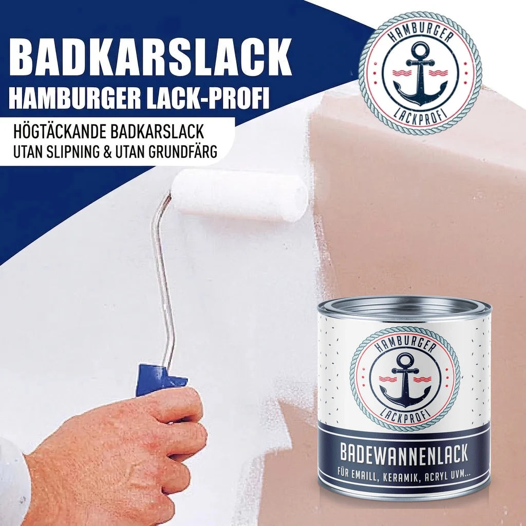 Hamburger Lack-Profi badkarslack. En hand målar ett badkar vitt med en roller. En burk "BADEWANNENLACK" syns.