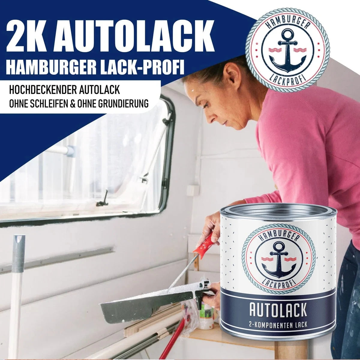 Kvinna målar invändigt med 2K Autolack från Hamburger Lack-Profi. Högtäckande lack utan slipning/grundfärg.