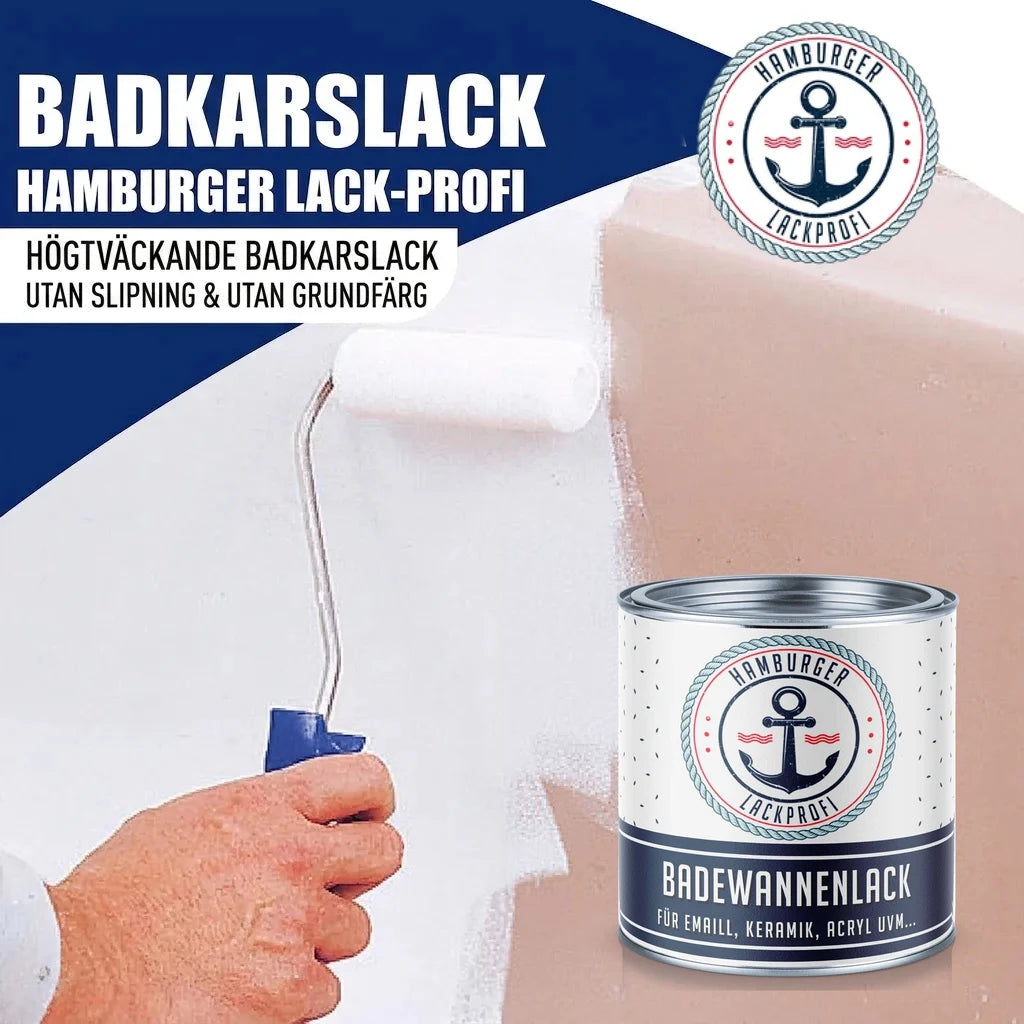 Hamburger Lack-Profi badkarslack. En hand målar ett badkar vitt med en roller. En burk "BADEWANNENLACK" syns.