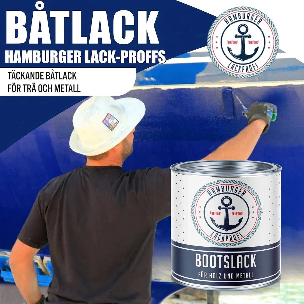 Man målar en båt blå med "Hamburger Lackprofi" "Bootslack".
