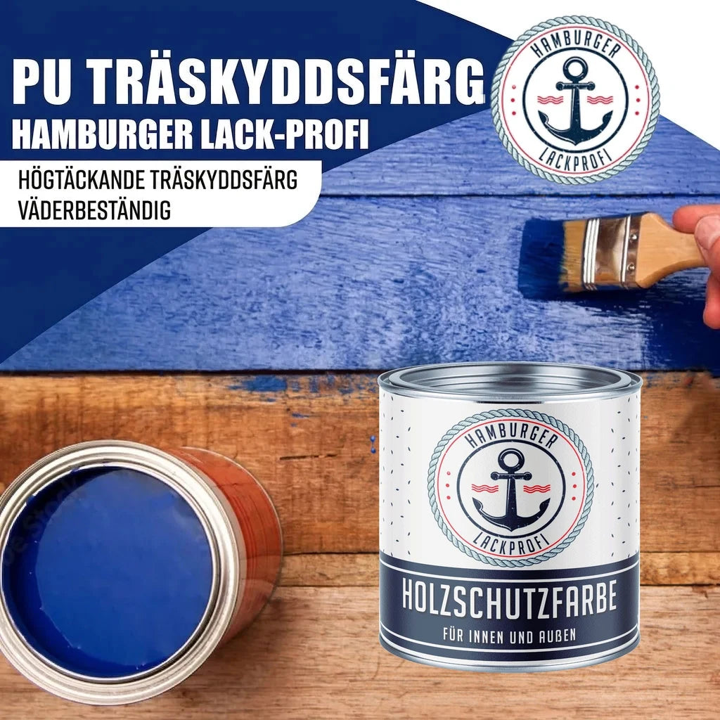 Hamburger Lack-Profi PU träskyddsfärg i blått. En hand målar trä med färgen. Burken har texten "HOLZSCHUTZFARBE".