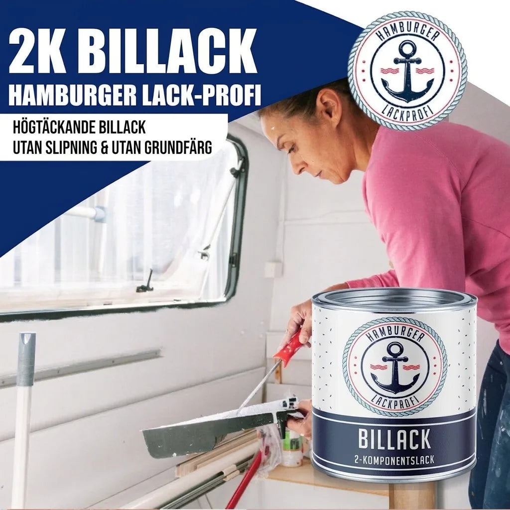Kvinna målar insidan av en husbil med vit färg. Burk med Hamburger Lack-Profi 2K Autolack i förgrunden.