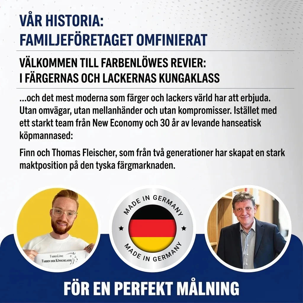 Vår historia: tyskt familjeföretag FarbenLöwe, ledare inom färg & lack. Finn och Thomas Fleischer.