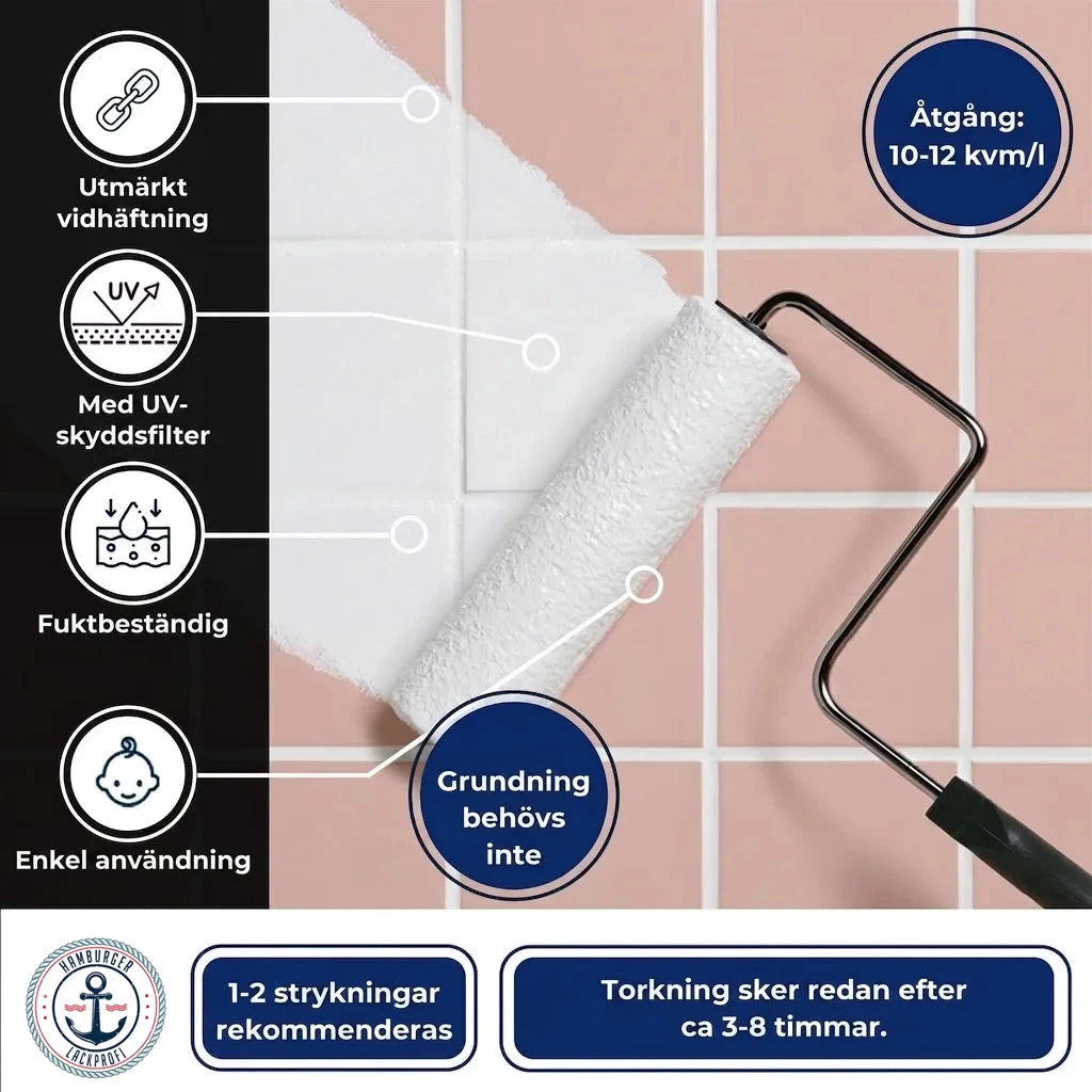 Bild visar kakelmålning med roller. Produktfördelar: hög vidhäftning, UV-skydd, fuktbeständig, enkel att använda, ingen primer behövs.
