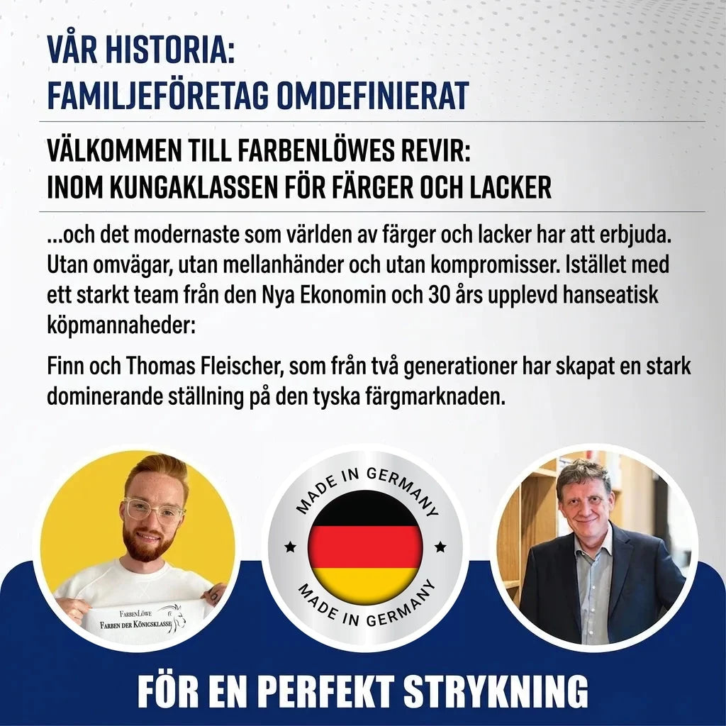 Tysk marknadsföringsbild för familjeföretaget Farbenlöwe som erbjuder premiumfärger och lacker, tillverkade i Tyskland.