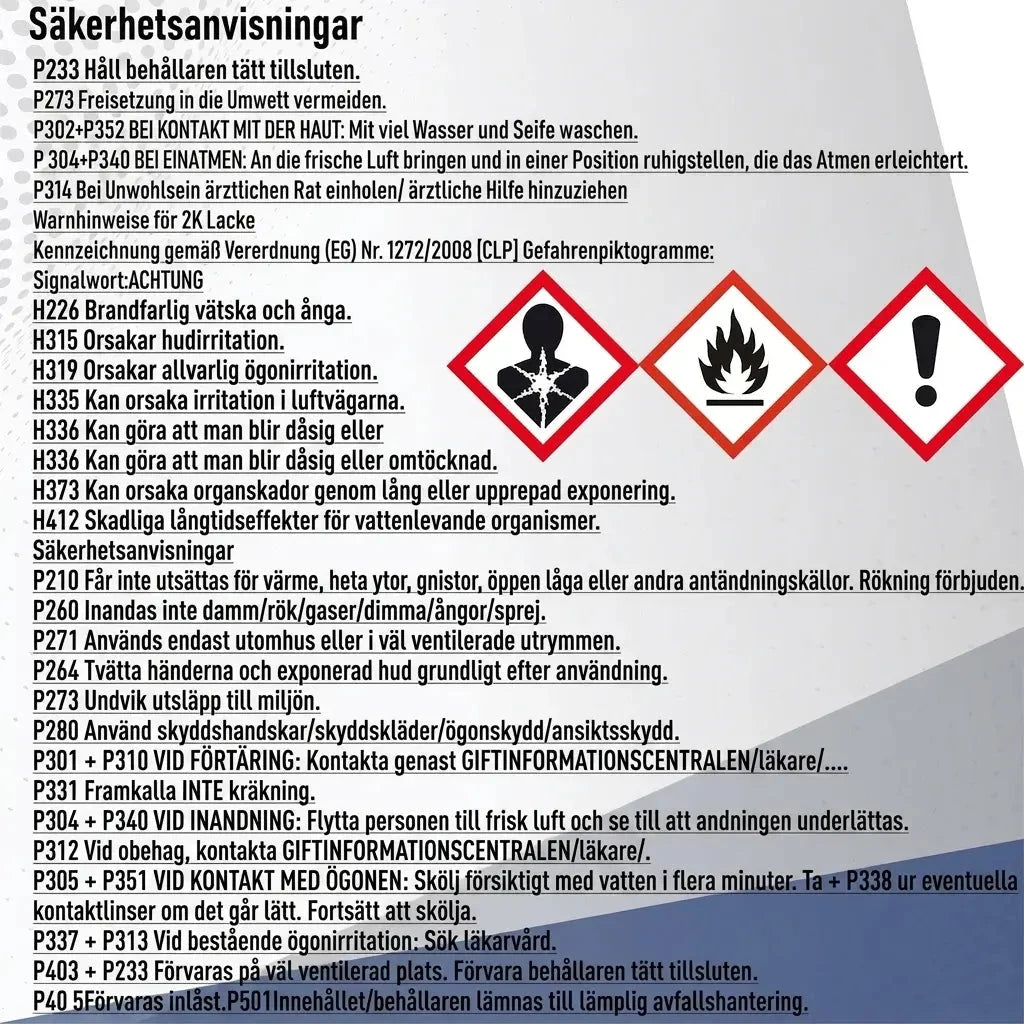 Tyska säkerhetsinstruktioner med faropiktogram och första hjälpen-råd för kemiska produkter.