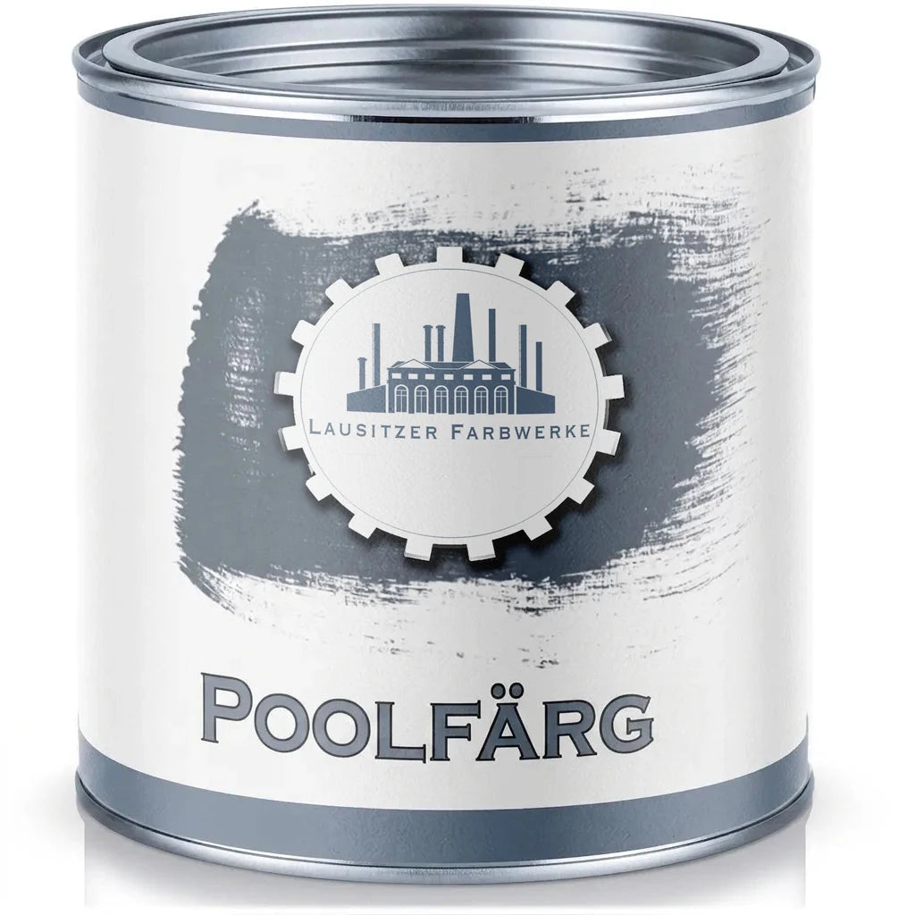Burk med grå Poolfärg från Lausitzer Farbwerke. Reflekterande vit bakgrund.