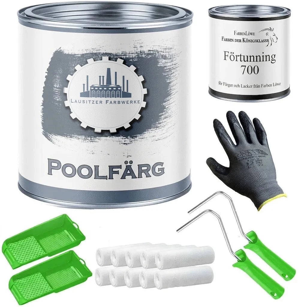 Set med poolfärg, förtunning, målarroller, målarbrickor och arbetshandske.