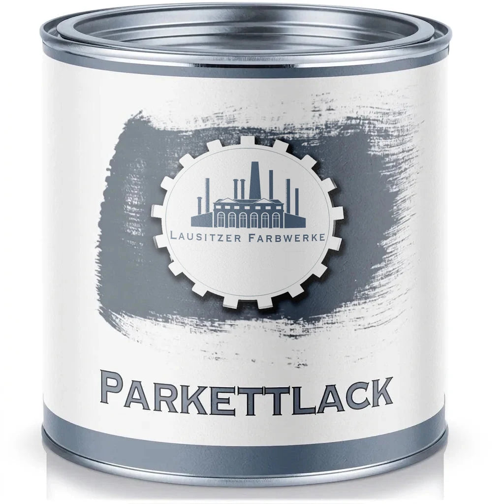 En silverfärgad färgburk med en vit etikett som säger "PARKETTLACK". Visar lack för trägolv.