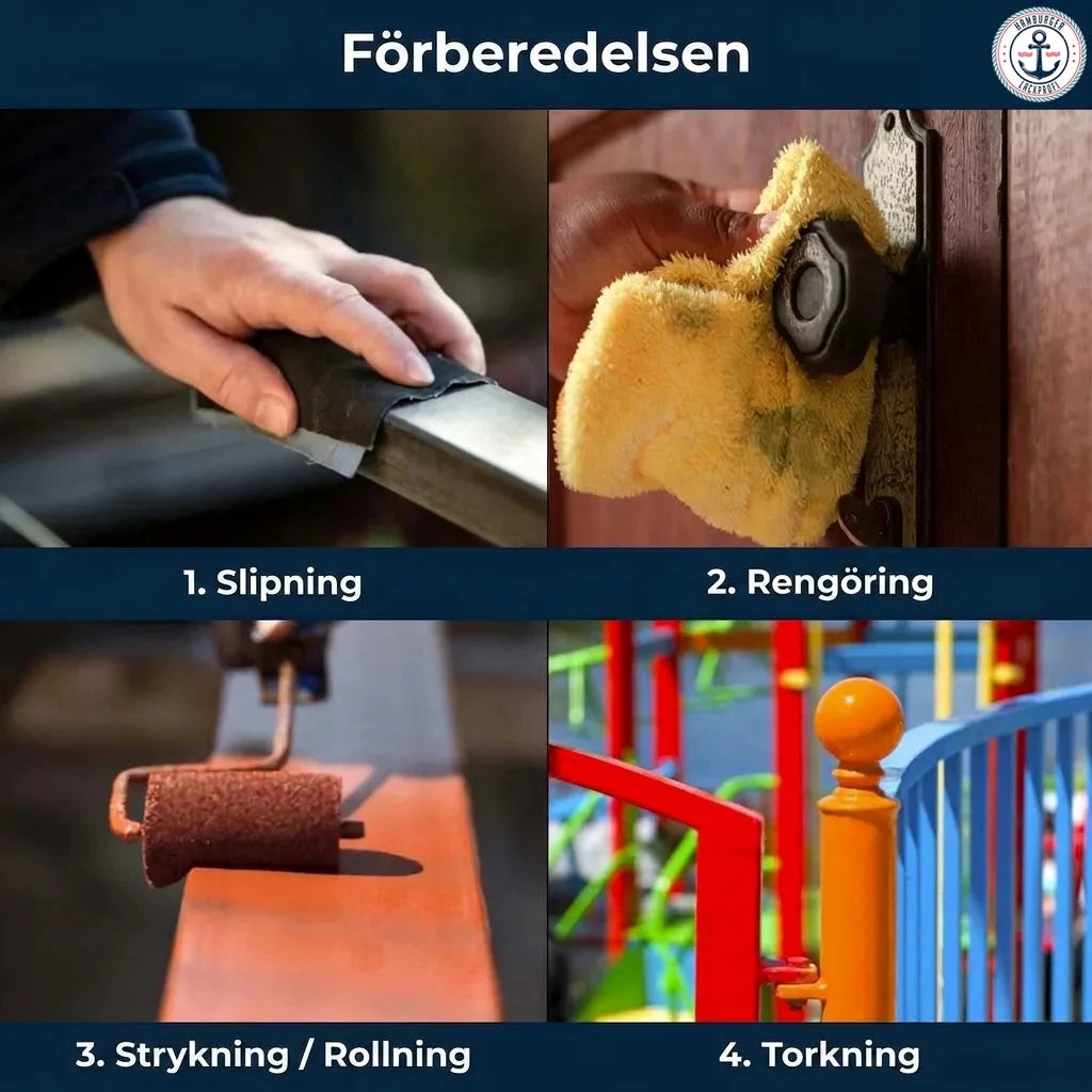 Förberedelse för målning: slipning, rengöring, målning med roller och torkning av en yta.