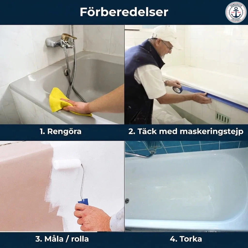 Steg-för-steg-instruktioner för badkarsrenovering: rengöring, maskering, målning och torkning för ett nytt utseende.