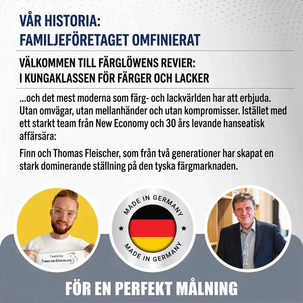 Bild på två män, text om Farbenlöwe, ett tyskt familjeföretag inom färg och lack. 'Made in Germany'.