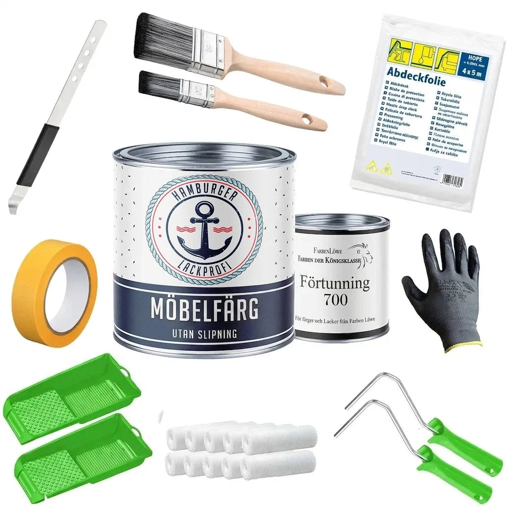Målarset med möbelfärg, förtunning, penslar, maskeringstejp, täckfolie, handskar, färgtråg och rollrar.
