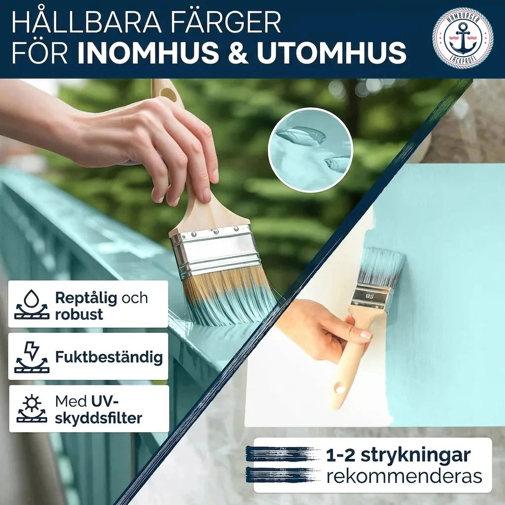 Långvarig färg för inomhus- och utomhusbruk. Reptålig, fuktbeständig, med UV-skydd. Måla enkelt 1-2 lager.