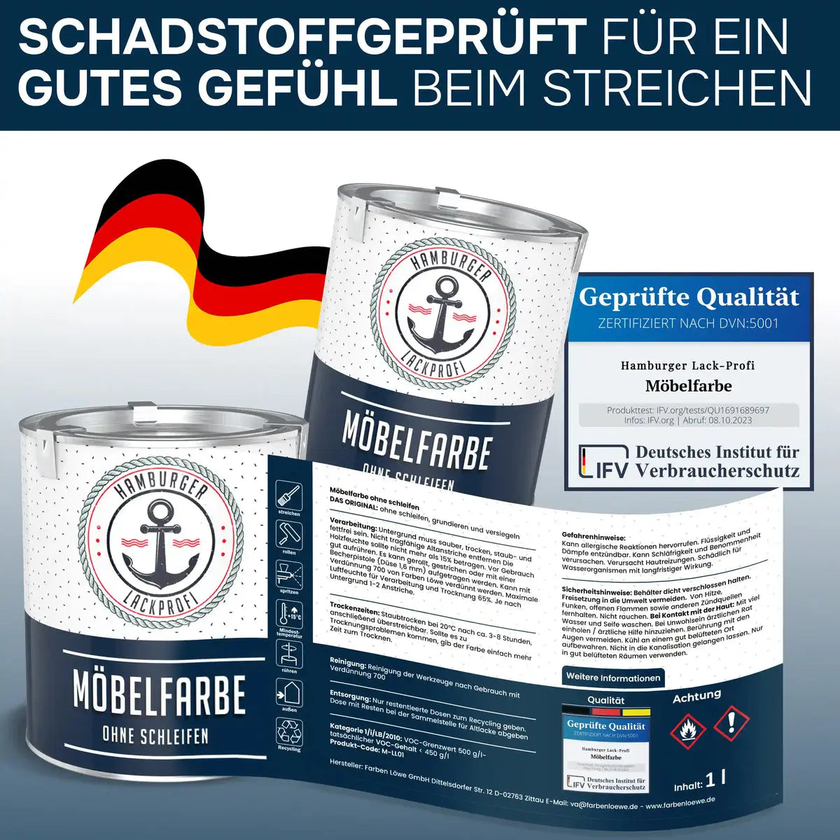 Hamburger Lack-Profi möbelfärg, föroreningstestad och kräver ingen slipning. Detaljerad produktinformation.