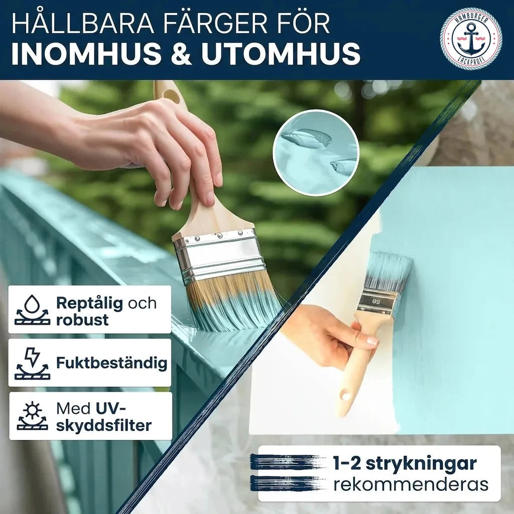 Hållbar inomhus- och utomhusfärg, reptålig, fuktbeständig & med UV-skydd. Målas enkelt med pensel.