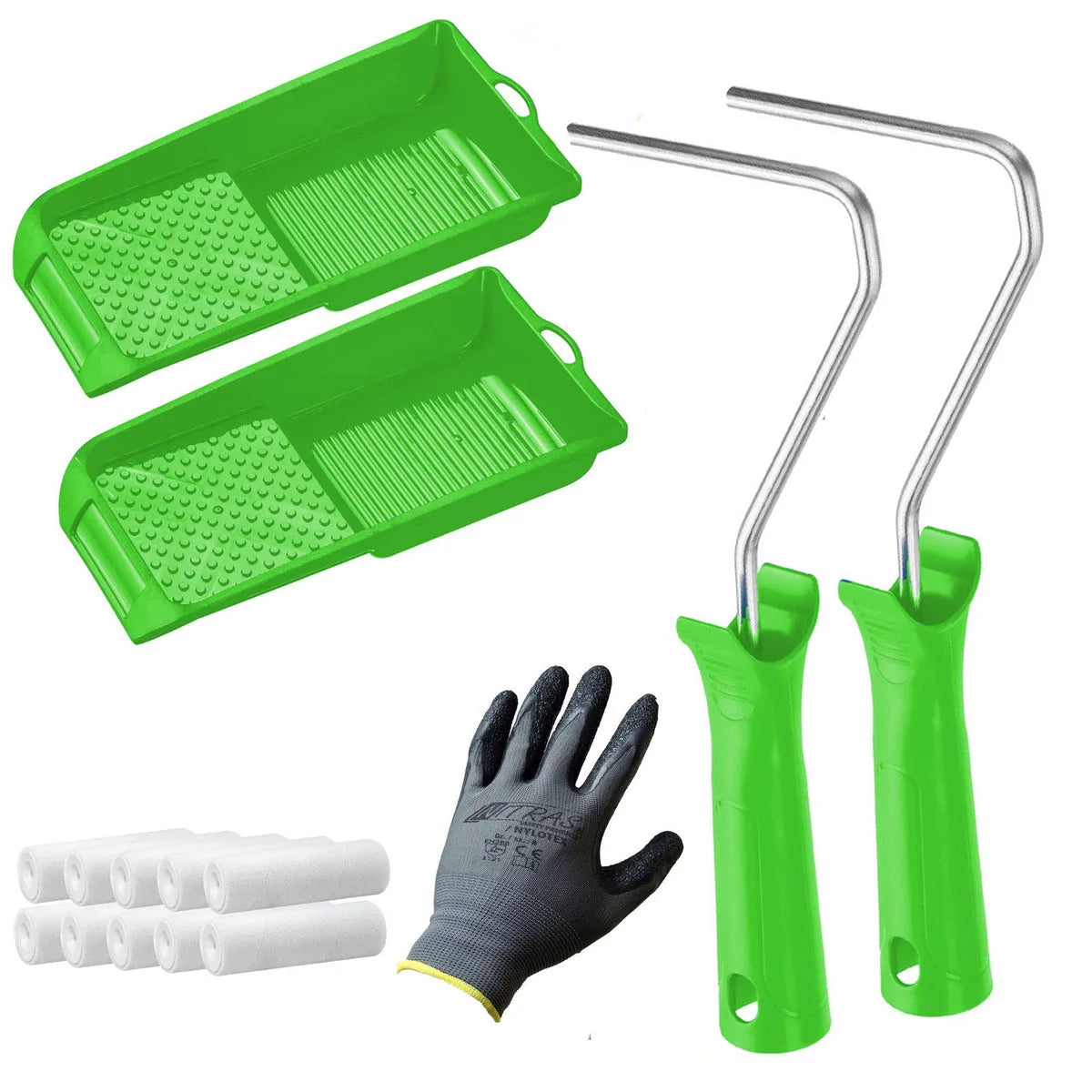 Målarset med två gröna färgtråg, två rollerhandtag, åtta rollerhylsor och en grå arbetshandske för målning.