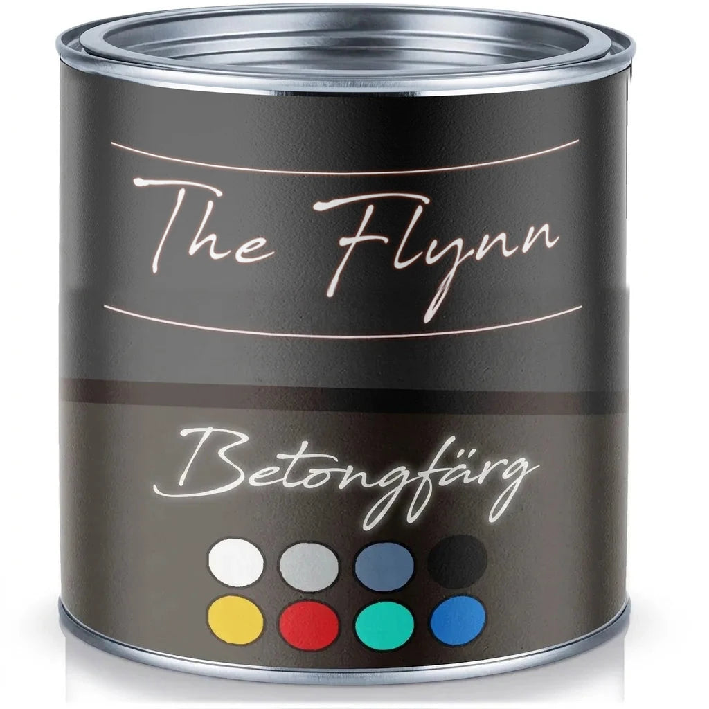 Färgburk The Flynn Betonfärg med urval av färger som vit, grå, blå, svart, gul, röd, turkos och blå.