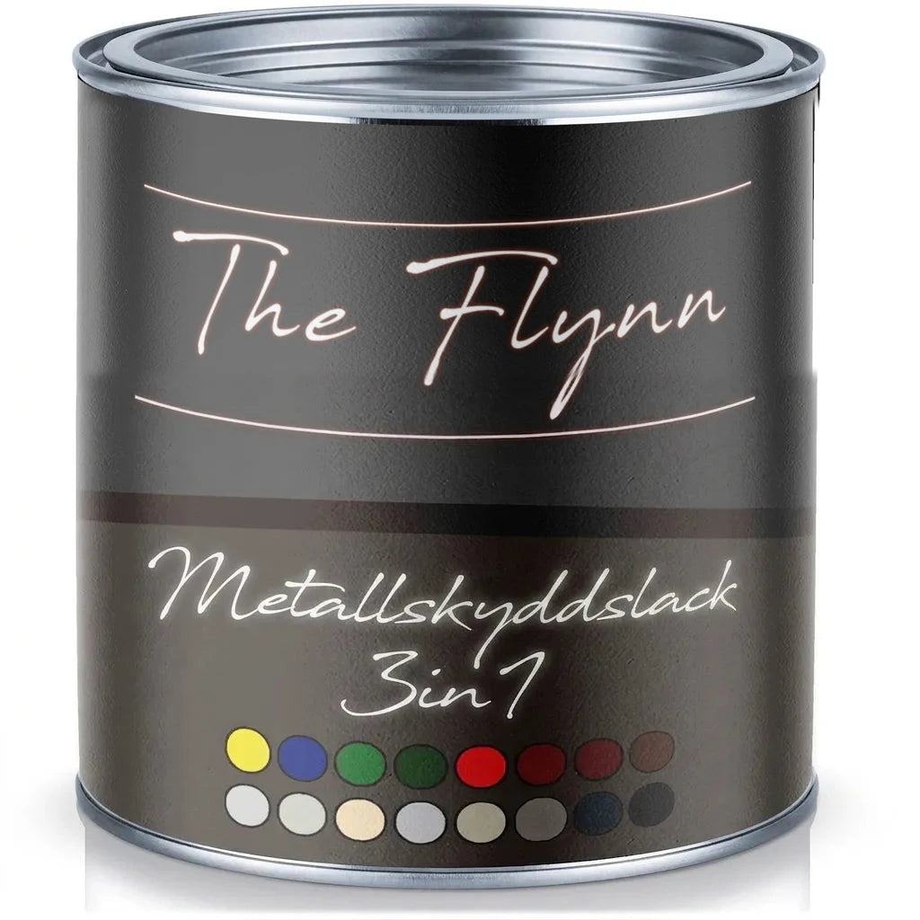 Svart färgburk med märket The Flynn, metallskyddslack 3-i-1, visar olika färgprover.