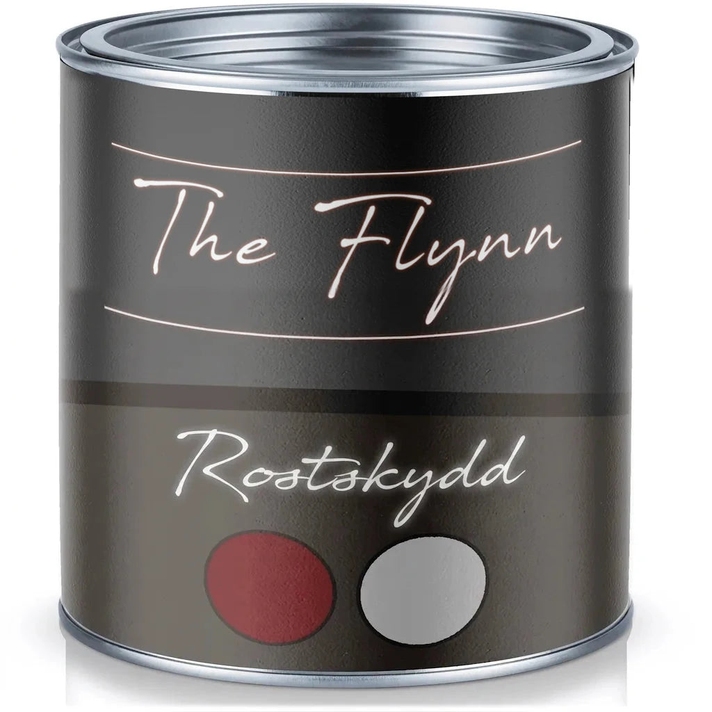 Mörkgrå The Flynn färgburk med silverlock, texten 'Rostskydd' och färgprover i rött och grått.